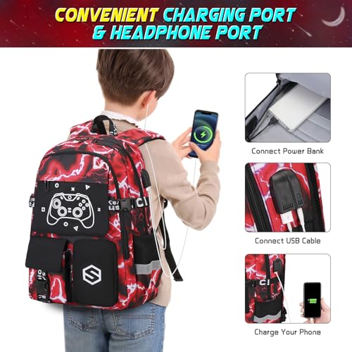 Scothen Boys Backpack, Cool Luminous Kids School Backpacks with Lunch Bag - color: Red Lightning