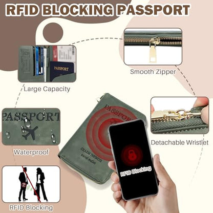 RFID Blocking Passport Wallet, PU Passport Pouch for Travel, Green - color: Leather-Green
