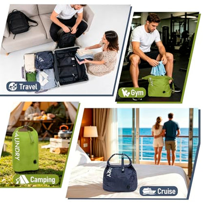 WiseBoy 2 Pack Travel Laundry Bag, Compression Storage for Dirty Clothes - color: Navy & Green