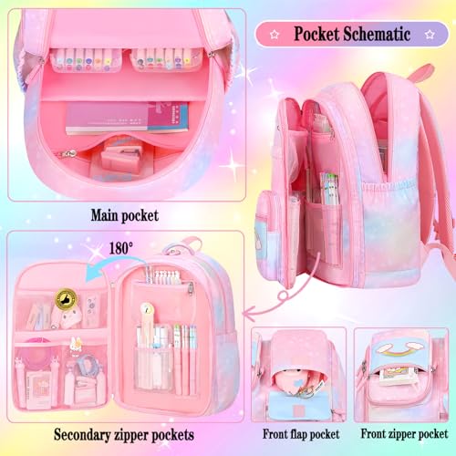 Jcobvig 3Pcs Girls Rainbow School Backpack with Lunch Bag for Elementary - color: Pink, size: Large
