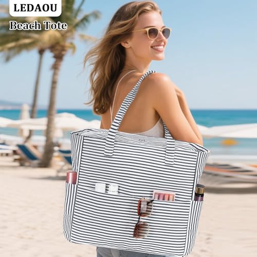 LEDAOU Beach Bag Waterproof Sandproof Women Beach Tote Pool Bag with Zipper for Swim Gym Grocery Travel with Wet Pocket - color: Light Black White