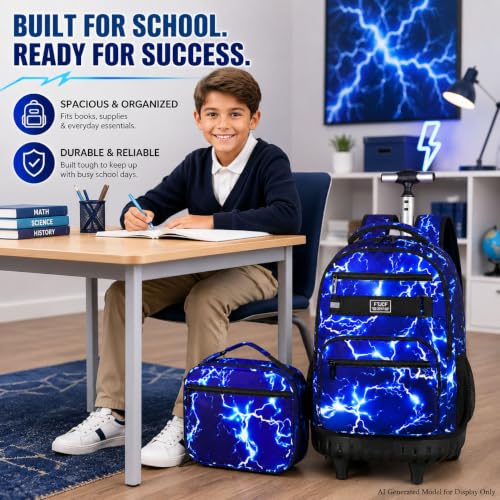 gxtvo Rolling Backpack for Men, Wheeled Bookbag with Lunch Box for Adults, Kids Water Resistant Roller School Bag for College Teens Boys Travel - Lightning Blue - color: Lightning Blue