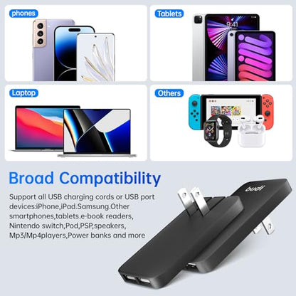 BUDI 17W Extra Slim Portable Wall Charger 2-Port USB-A Charger Foldable Wall Plug Compatible with Home Camera, iPhone IPad Samsung Galaxy(Black USB-A) - color: 17W USB-A - Black