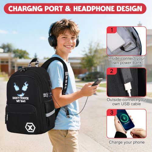 Backpack for Boys, 4PCS Cool Luminous Boy Backpack with Lunch Box | Sling Bag & Pencil Case for Kids, Bookbag for Boys Teens Elementary Middle School Students, Schoolbag Glow In The Dark - color: Black Flame