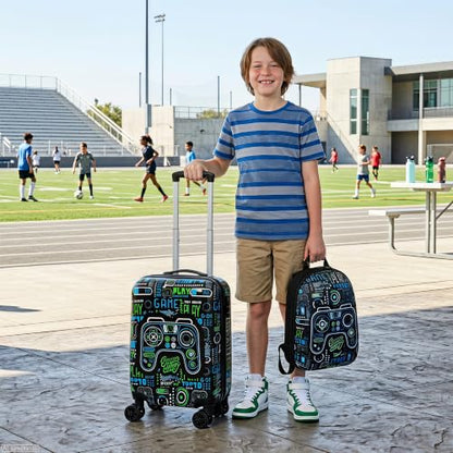4 Piece Kid's Luggage Set 16" Hardside Luggage with Spinner Wheels Boys Carry on Toddler Travel Rolling Suitcase Airline Approved - color: Black Game Controller