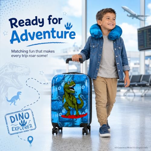 5PC Boys Luggage Set, Kids Dinosaur Suitcase, 16" Carry-On for Travel - color: 5PC Kids Luggage Set - Dinosaur Blue