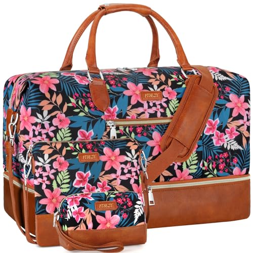 ITIEZY Weekender Bag for Women 21.5" Travel Duffel Large Carry On Bag 3PCS - color: 9-Black Fower