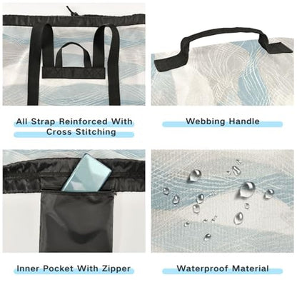 Blue Gray Waves Geometric Ocean Laundry Backpack Bag with Adjustable Shoulder Straps Handle Dirty Laundry Hamper Bag for Traveling Camp College Dorm Heavy Duty Waterproof Large Capacity - color: Blue Gray Waves Geometric Ocean