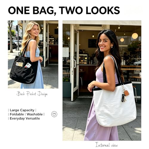 CYD Everyday Tote Bag for Women, Beach Bag with Shoulder Strap, Soft Cute Summer Tote, Beach Days, Weekend Use, and Errands - color: Jet Black & Cream White