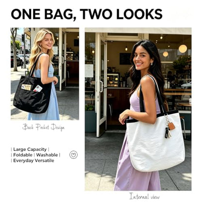 CYD Everyday Tote Bag for Women, Beach Bag with Shoulder Strap, Soft Cute Summer Tote, Beach Days, Weekend Use, and Errands - color: Jet Black & Cream White