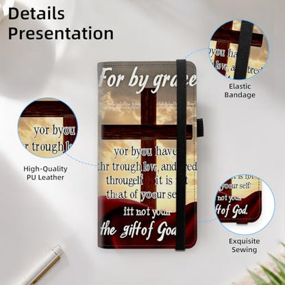 Religious Cross Sunset Grace Premium Leather Checkbook Cover for Men Women, Multi-Functional Long Wallet with RFID Blocking, Business Card Holder&Pen Loop Slim Design - color: Religious Cross Sunset Grace