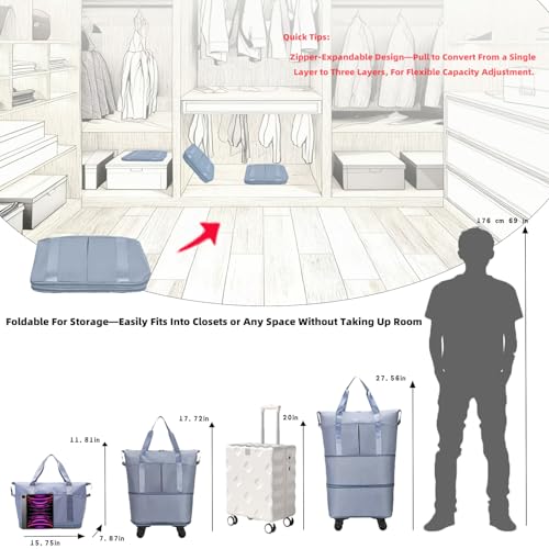 Travel Rolling Duffel Bag with Removable Wheels,Expandable Foldable Carry-On Luggage for Trip or Hospitalization - color: Blue Backpack