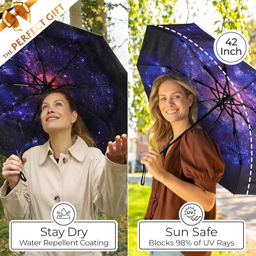 TUMELLA Strongest Windproof Travel Umbrella (Compact, 100MPH Wind-Tested), Light, Portable, One-Handed Use, Automatic Folding Rain Umbrella, Durable, Premium Grip, Fits Car & Backpack - color: 1-pack Milky Way