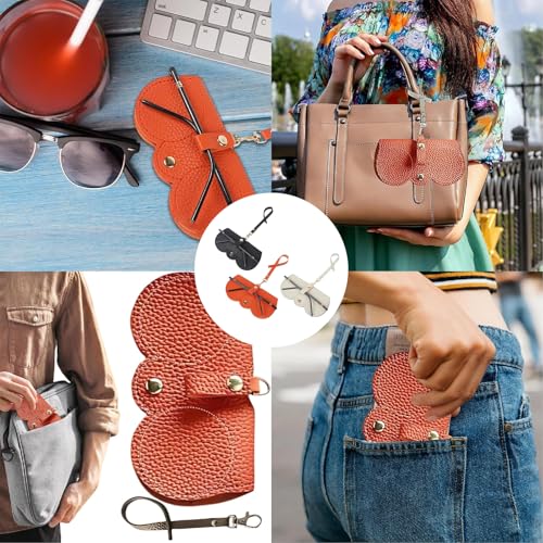 3 Pcs Soft Leather Sunglasses Bag, Soft Leather Sunglasses Bag with Strap, Portable Glasses Case Holder Sunglasses Pouch - color: Black+orange+gray