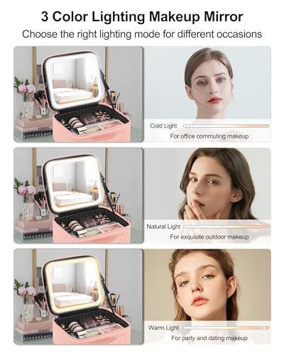 Chomeiu Makeup Bag with LED Mirror, Cosmetic Travel Bag with Sturdy Handle - color: 04-Pink 2, size: A-Small