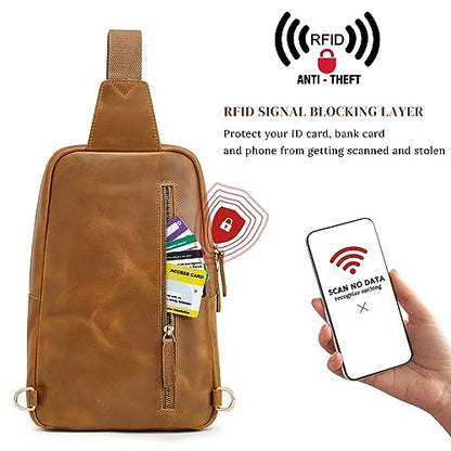 S-ZONE Sling Bag for Men Women RFID Blocking Genuine Leather Crossbody - color: Light Brown