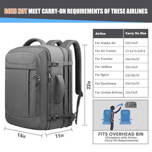 55L Travel Backpack, Carry On Backpack Fits 18.4-19" Laptop, Grey - color: Grey, size: 18.4 inch (22"x14"x10")