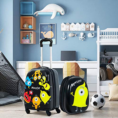 GYMAX Kids Carry On Luggage Set, 12" & 16" 2PCS Rolling Suitcase - color: Monster
