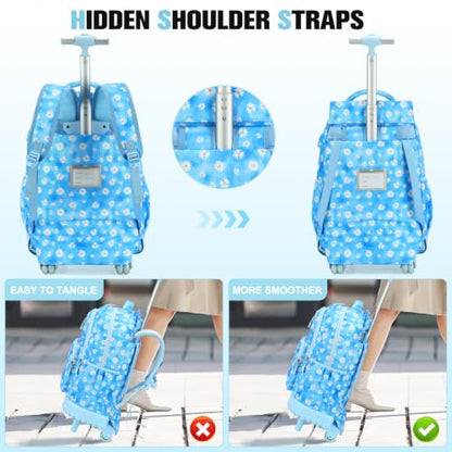 ACESAK Rolling Backpack for Girls with Lunch Bag & Pencil Pouch - color: Blue Daisy