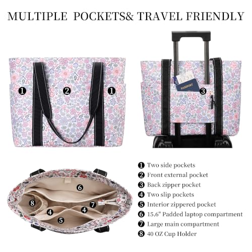 Tote Bag for Women with LaptopCompartment & Cup Holder - color: Delicate Fleur