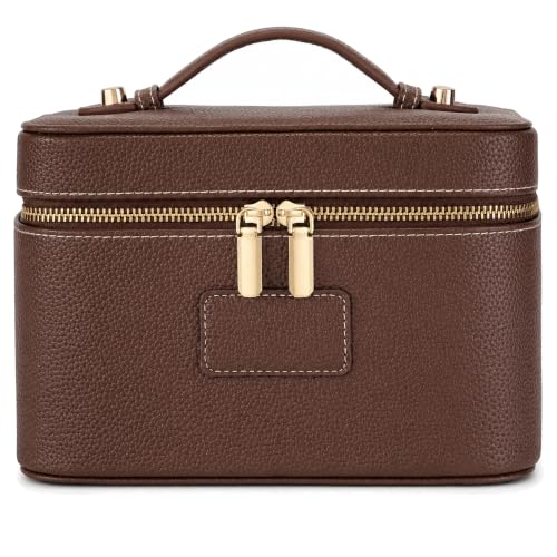 Makeup Bag Travel Toiletry Leather Cosmetic Case, Waterproof Makeup Organizer with Brush Holder, Wipe Clean Removable Divider Vanity Train Bag for Women, Brown Coffe - color: Brown Coffe
