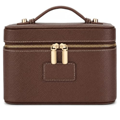 Makeup Bag Travel Toiletry Leather Cosmetic Case, Waterproof Makeup Organizer with Brush Holder, Wipe Clean Removable Divider Vanity Train Bag for Women, Brown Coffe - color: Brown Coffe