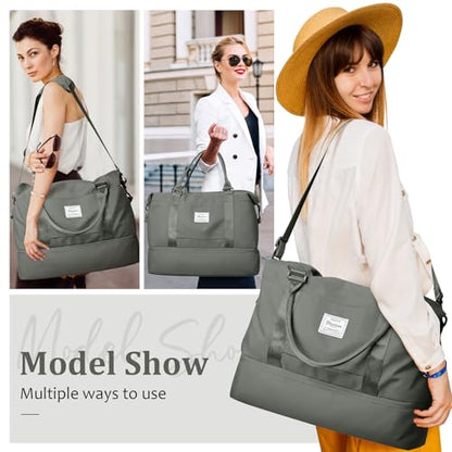 Weekender Bags for Women, Personal Item Travel Bag with Shoes Compartment - color: Olive Green, size: Large