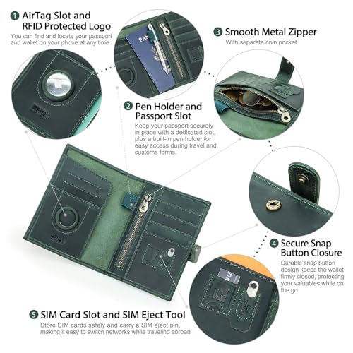 CONTACTS 풀 그레인 가죽 에어태그 여권 홀더 RFID 차단 여행용 여권 지갑 핸드메이드, 다크 그린., 플레인 스냅 - color: 다크 그린., style: 플레인 스냅
