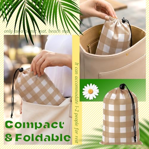 HunnmingRe Gingham Pocket Picnic Blanket Lightweight Portable, Khaki - color: Khaki, style: Gingham