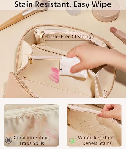 ALEXTINA Travel Makeup Bag, PU Leather Cosmetic Bag, Khaki - color: smooth khaki, size: Medium