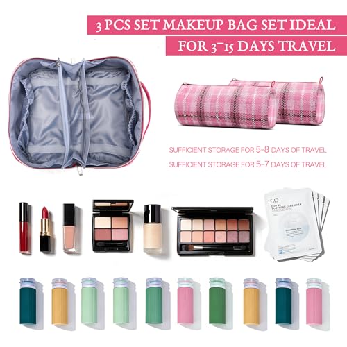 BOYATU Travel Makeup Bag for Women: 3 Pcs Set Scottish Plaid Make up Bag - color: E-4-Pink