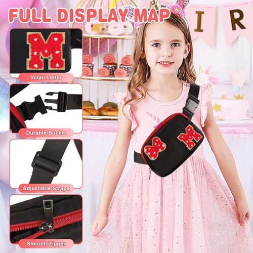 Initial Letter Bow Mouse-Ear Fanny Pack for Teen Girls,Cute Chenille Belt Bag Crossbody Travel Waist Pack for Women&Kids,Personalized Gift for Theme Park,School & Travel, Birthday Christmas(M) - size: M