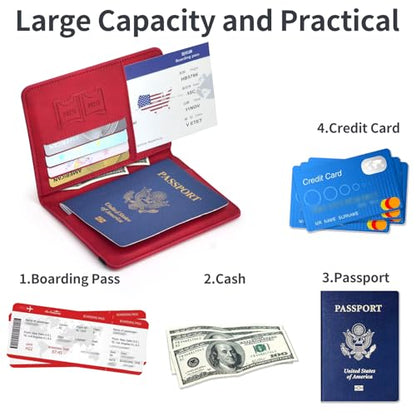 KAOBAN RFID Blocking Passport Holder & Boarding Pass Travel Wallet - color: Red