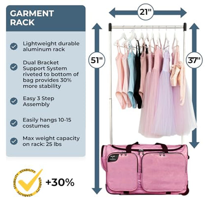 Travolution NEW Glittering Dance Bag with Garment Rack, 23 Inch Rolling Duffel With Wheels, Ideal for Competitions & Travel, Easy-assembly Lightweight Aluminum Clothes Rack (Glitter Pink) - color: Glitter Pink 23"