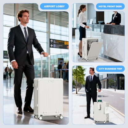 20 Inch Carry on Luggage with Front Pocket, Hard Shell Suitcase with Wheels - color: Off White