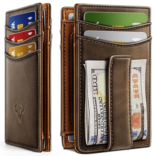 BULLIANT Magnetic Slim Leather Pocket Wallet Money Clip For Men 12Cards - color: Coffee7740