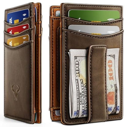 BULLIANT Magnetic Slim Leather Pocket Wallet Money Clip For Men 12Cards - color: Coffee7740