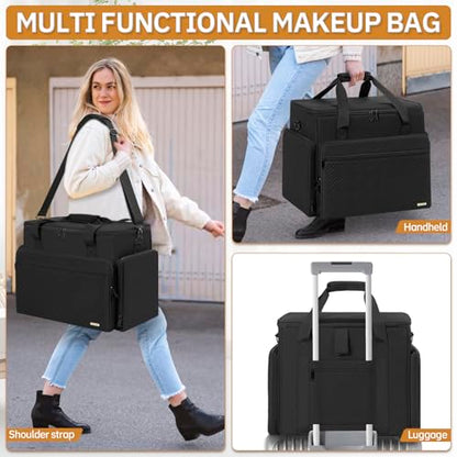 Extra Large Makeup Bag with 3 Removable Pouches and 1 Brush Holder - color: Black