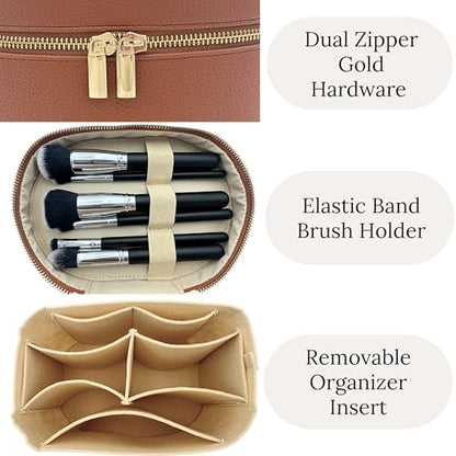 JAZD Vanity Case Makeup Bag with Removable Organizer Divider, Travel Toiletry Cosmetic Organizer for Women - color: BROWN
