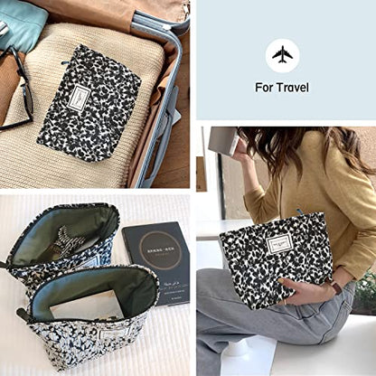 STARDW Aesthetic Floral Makeup Bag Cute Small Cosmetic Bags for Women Girls, Travel Toiletry Bag Large Capacity Zipper Makeup Pouch, Purse Organizer Pouches (Black Flowers) - color: Black Flowers