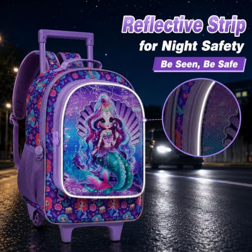 gxtvo Kids Rolling Backpack, Roller Wheels Boys Bookbag, Wheeled Suitcase Elementary School Bag-3PCS Dinosaur/Unicorn/Mermaid - color: Sequins Mermaid Rolling Backpack Purple