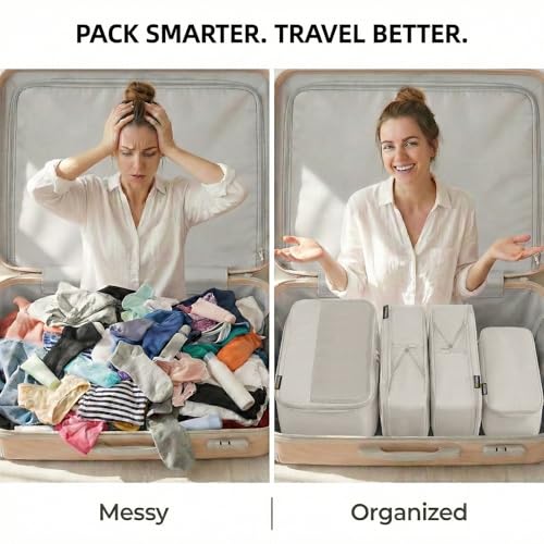 4 Piece Compression Packing Cubes for 3–7 Day Travel, Off White - color: Off White, size: 4 Pack