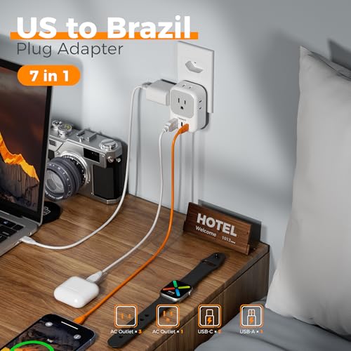 TESSAN Brazil Power Adapter, 7 in 1 US to Brazil Adapter Plug - style: Type N- Brazil