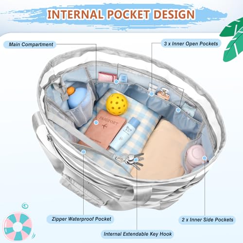 Extra Large Beach Bags for Women Waterproof Sandproof Beach Tote Bag - color: Grey White