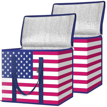 BALEINE Insulated Reusable Grocery Bags with Zippered Top, Large Cooler Bag - color: Patroit Celebration, size: 2 Pack