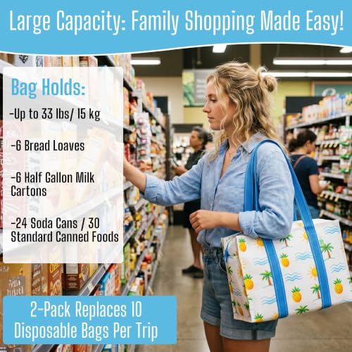 VENO 2 Pack Utility Tote Reusable Grocery Bags with Zipper & Hard Bottom - color: Tropical Island, size: 2 Pack