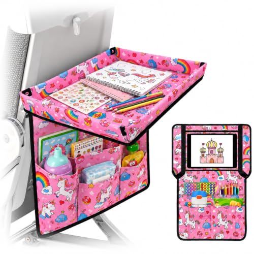 Adjustable Kids Tray Table Cover with Multi Portable Pockets, Airplane Travel Essentials for Kids, Toddlers, Adults, Airplane Must Haves, Plane Travel Essentials, Tray for Plane Train, Pink Dinosaur - color: Pink Dinosaur