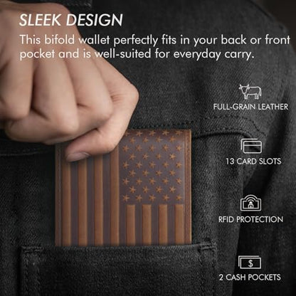 Pefiam Full Grain Leather Wallet for Men, RFID Blocking, Mens Wallet Bifold with 2 ID Windows, Billfold with 13 Card Slots, Leather Gift for Men, American Flag Wallet Dark Brown - color: Dark Brown (Crazy Horse Leather)