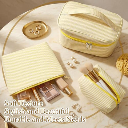 Huhumy 3Pieces Cute Seersucker Makeup Bag Set for Women, Yellow, Stripe - color: Yellow, style: Stripe