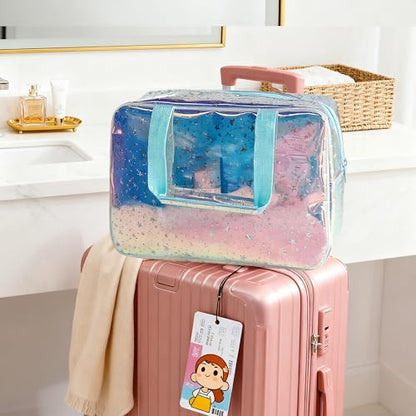 Holographic Purple Star Large Cosmetic Bag and Travel Pouch with Handle,Durable Material,Zipper Design-Ideal for Makeup,Travel Essentials (Purple Handle) - color: Purple Handle